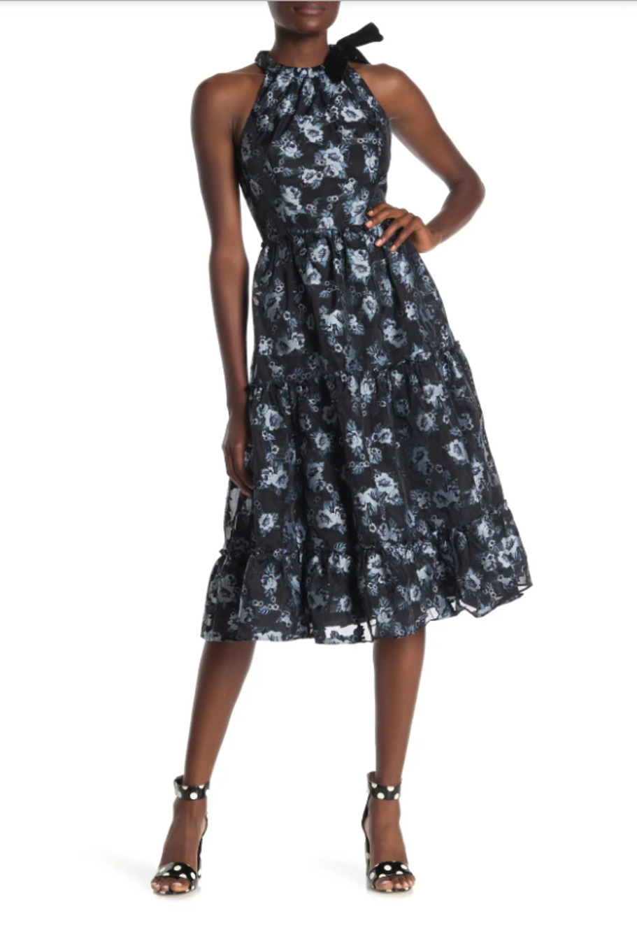 Kate Spade Tier Dress Prairie Rose Print Velvet Tie Midi Black Blue Sz 0 Ruffle
